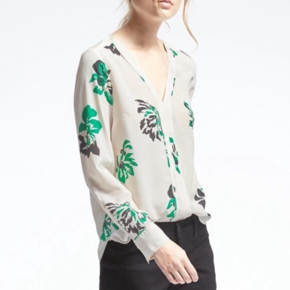 Banana Republic Cream Blouse with Green Floral Print